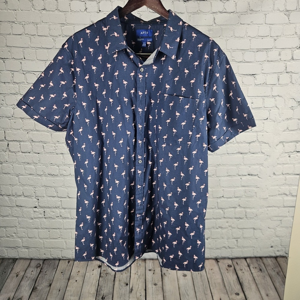 APT 9 Mens‎ XL Slim Fit Flamingo Short Sleeve Button Up Vacation Shirt Blue